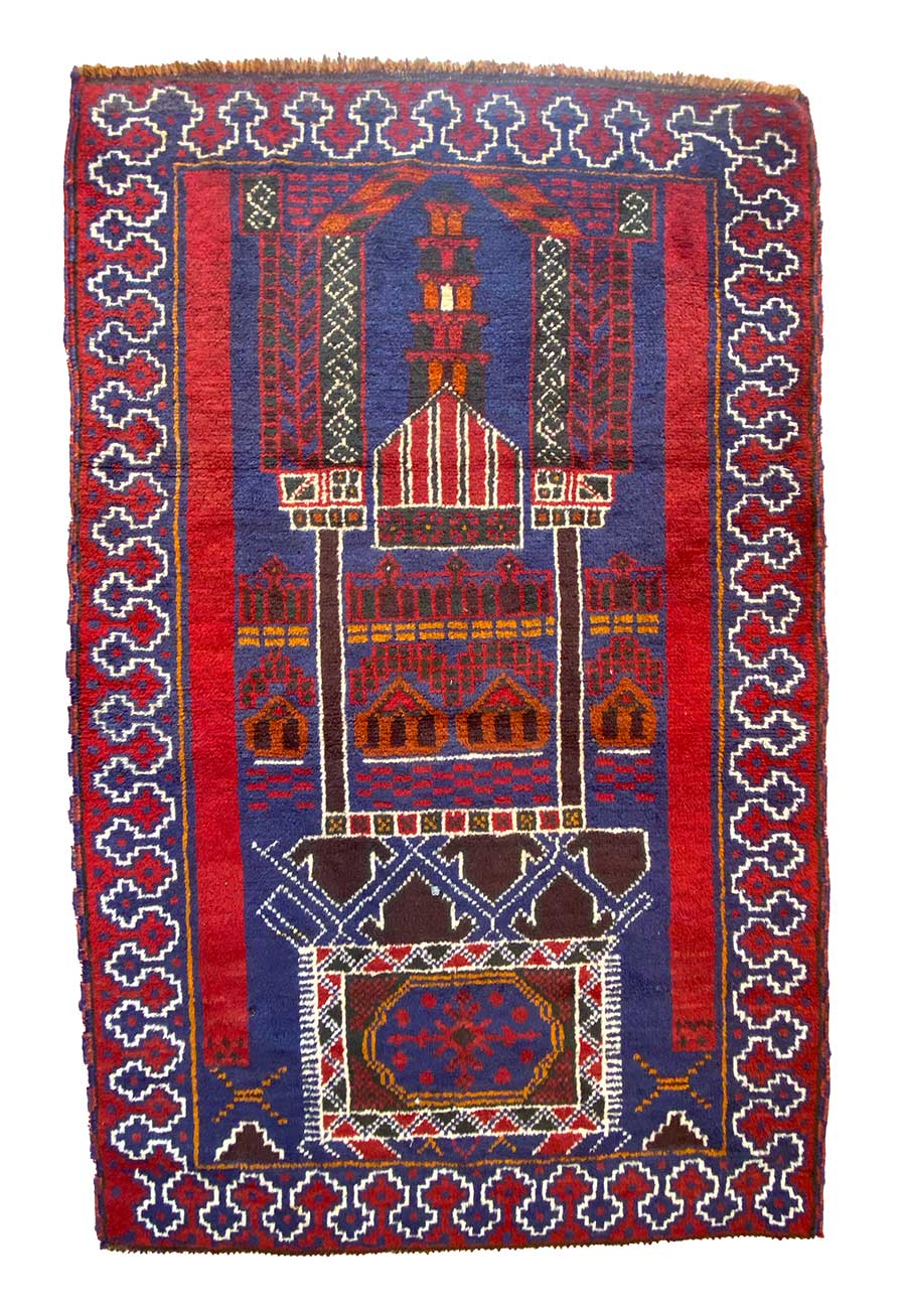 Un tappeto Tappeto Baluci con un disegno rosso, blu e bianco.