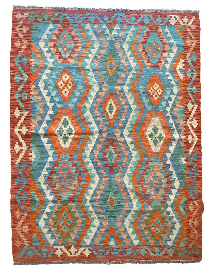Galleria Tabriz - Tappeti in vendita. Con motivi intricati, questo tappeto kilim Bozza Automatica presenta vivaci forme geometriche nelle tonalità blu, arancione, rosso e verde.
