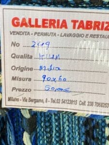 Galleria Tabriz - Tappeti in vendita. Etichetta che presenta un tappeto Galleria Tabriz, con il numero di bozza automatico 269, KILIM di qualità dall'India, dimensioni 90x60. Prezzo 50.000€, con le informazioni di contatto ben visibili in basso.