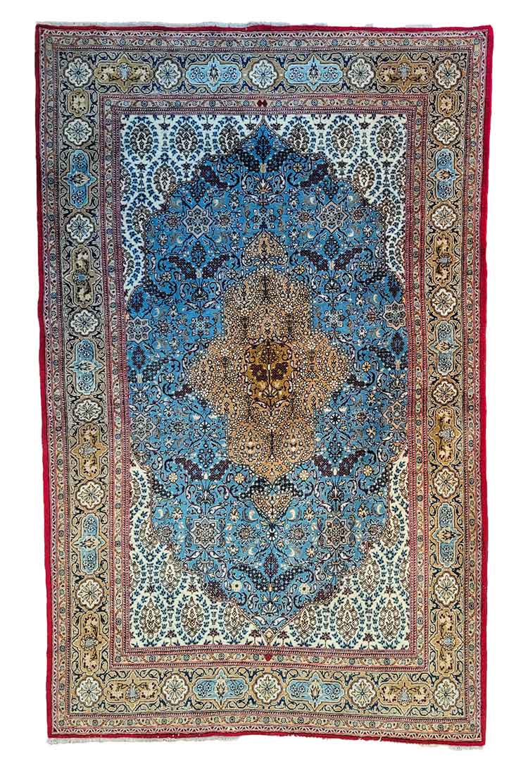 Galleria Tabriz - Tappeti in vendita. Tappeto persiano decorato con intricati disegni blu, bianchi e rossi, caratterizzato da motivi floreali e geometrici, che mettono in mostra un mix unico di arte tradizionale e bozza automatica.