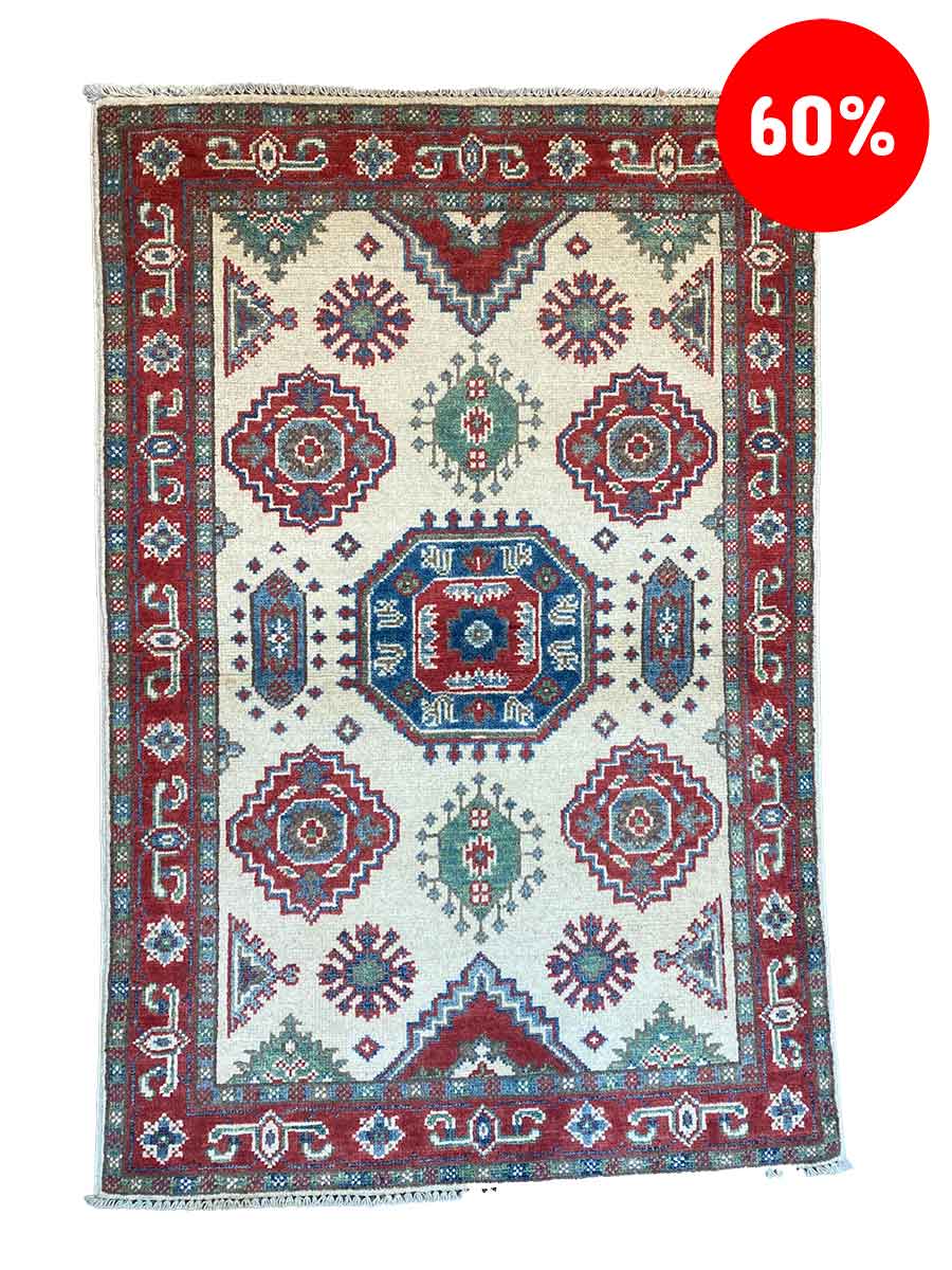 Galleria Tabriz - Tappeti in vendita. Tappeto moderno con decorati disegni geometrici in rosso, blu e verde su uno sfondo chiaro. Un cerchio rosso nell'angolo in alto a destra mostra "60%" in testo bianco.