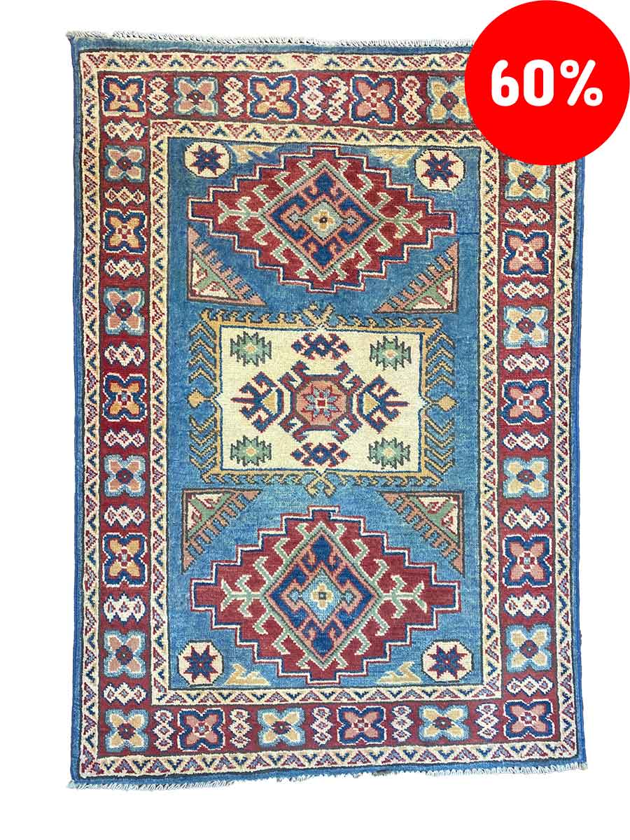 Galleria Tabriz - Tappeti in vendita. Tappeto tradizionale con motivo geometrico nei colori rosso, blu e beige, con etichetta scontata del 60% nell'angolo in alto a destra, realizzato con la precisione di Bozza Automatica.