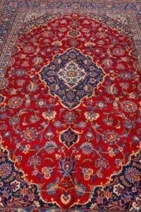 Galleria Tabriz - Tappeti in vendita. Tappeto persiano ornato con intricati motivi floreali blu e oro su un ricco sfondo rosso, per un'eleganza senza sforzo.