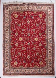 Galleria Tabriz - Tappeti in vendita. Tappeto persiano rosso con intricati motivi floreali in oro, blu e bianco e bordi ornati.