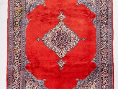 Galleria Tabriz - Tappeti in vendita. Tappeto persiano rosso con intricati motivi floreali e un medaglione centrale, delimitato da dettagliati motivi decorativi: un elegante Tappeto Saruk che mette in mostra l'arte senza tempo della Persia.