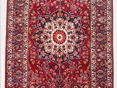 Galleria Tabriz - Tappeti in vendita. Tappeto persiano rosso Tappeto Bakhtiari, 295 cm, con intricati motivi floreali e geometrici in blu, bianco e crema, bordati da disegni ornamentali.