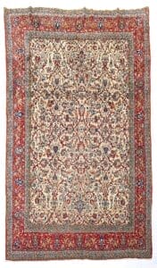 Galleria Tabriz - Tappeti in vendita. Tappeto persiano Tappeto Qum ornato con motivo floreale, centro crema e ampio bordo rosso con disegni intricati.