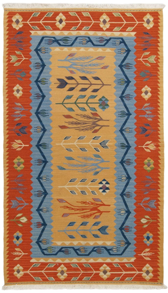 Galleria Tabriz - Tappeti in vendita. Tappeto con motivo geometrico e design colorato caratterizzato da tonalità di arancione, blu e giallo, con motivi floreali e lineari.