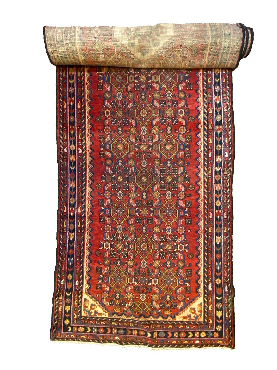 Un tappeto rosso e blu su sfondo bianco.