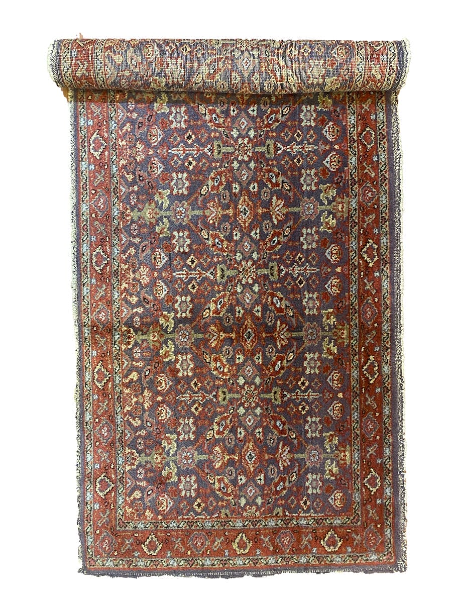 Un tappeto blu e rosso su sfondo bianco.